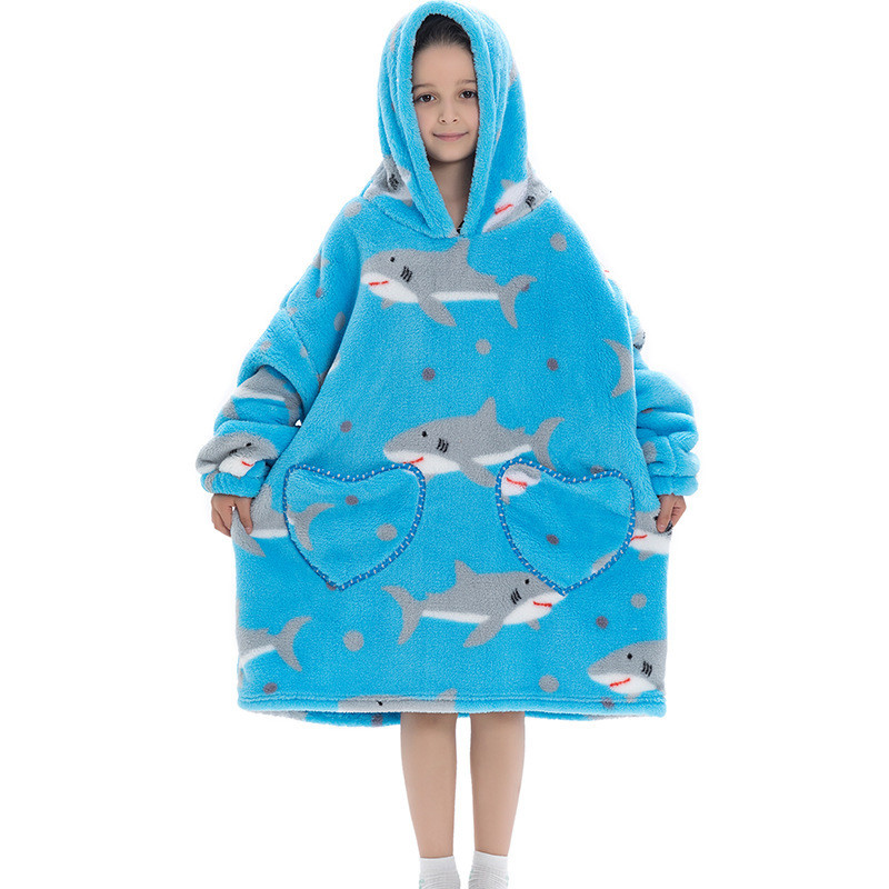 Long Lined Soft Fleece Full Print Oversized Blanket Hoodie With Sleeves