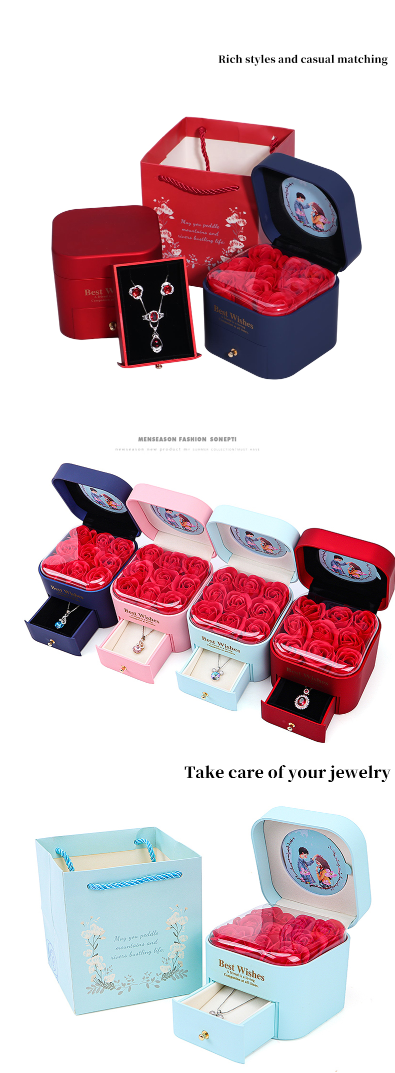 Custom Size Rose Immortal Drawer Flower Jewellery Box For Stud Earrings Pendant
