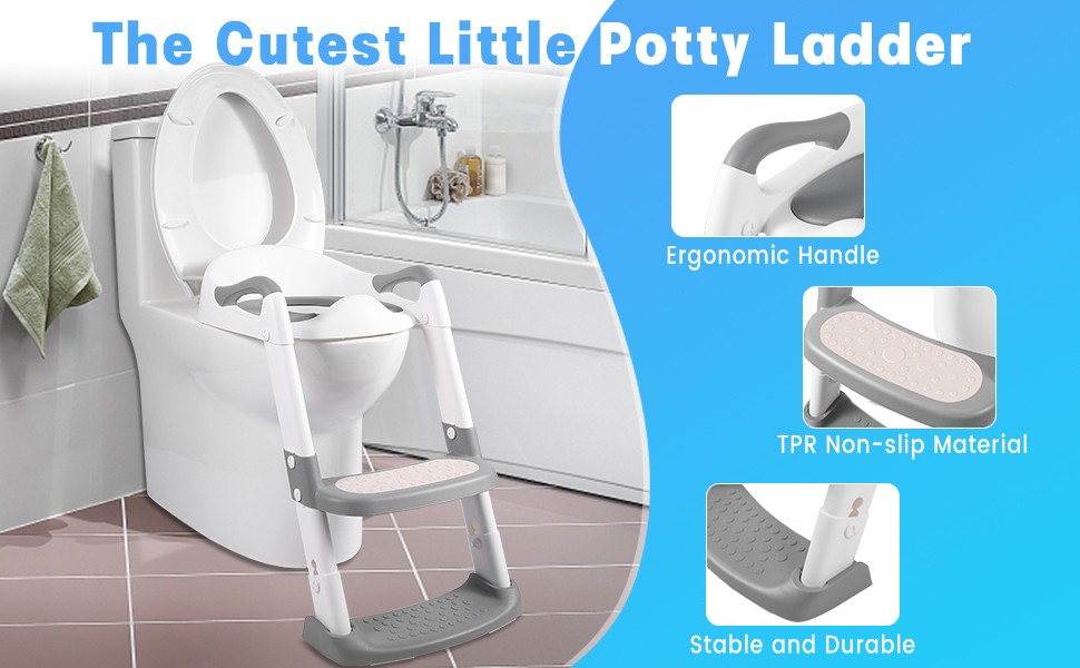 Grey + White 3 In 1 Potty Training Toilet Seat With Step Stool Ladder For 1-6 Year'S Old