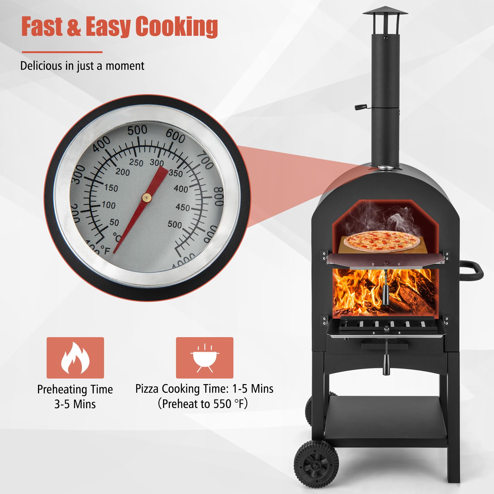 Outdoor Woodfired Charcoal Pizza Maker Trolley Grill with Pizza Stone and Waterproof Cover