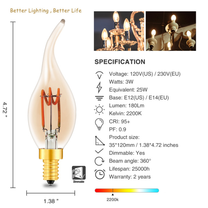 230V Spiral LED Filament Bulb 3W E14 E12 Vintage Edison Bulb Aluminum Holder