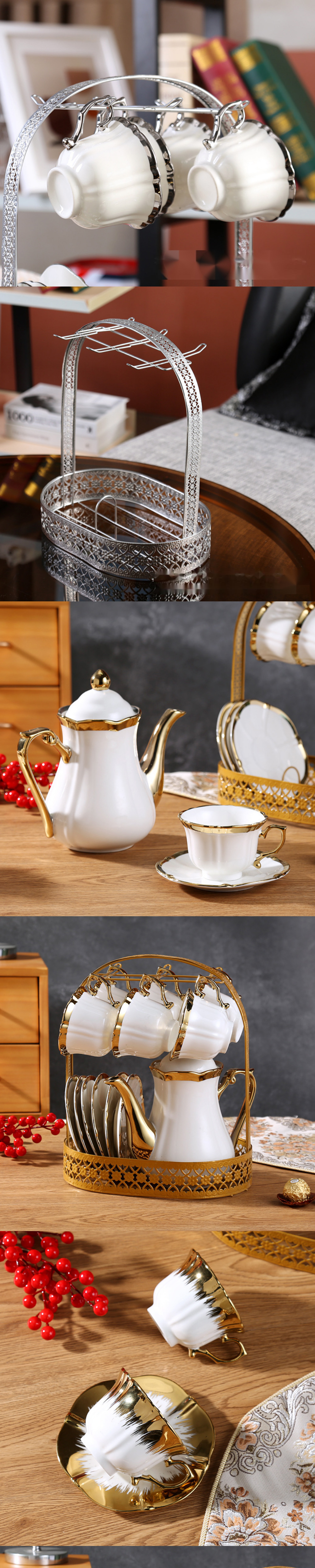Europe Design Style Vintage Ceramic Tea Cup Set with Teapot Gold Porcelain Coffee Set