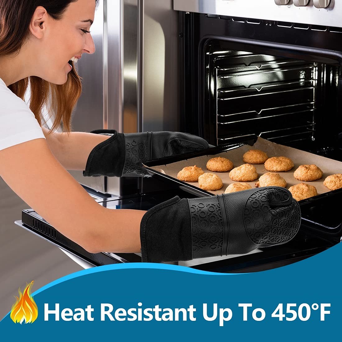 Silicone Oven Mitts And Pot Holders Set Heat Resistant To 450℉ Extra Long 15 Inch Professional Silicone Baking Gloves
