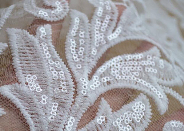 Scalloped Edge White Sequin Mesh Fabric For Party Gown Rich Leaves Design