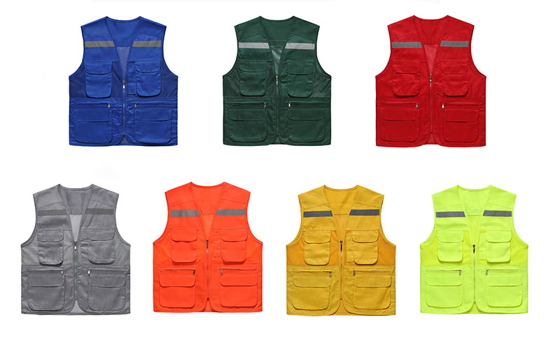 Custom Logo Thin Multiple-pockets Waistcoats Utility Reflectives Strip Road Volunteer Work Clothes Reflective Safety Vest