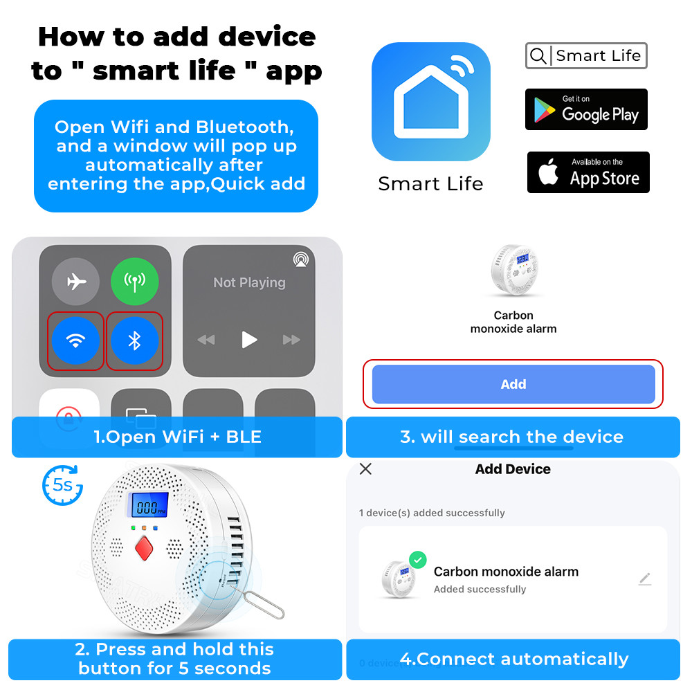 Tuya Wifi Carbon Monoxide Detector Smart Air Quality Monitor CO Sound Light Alarm Detector LCD Digital Display Home Air Quality Tester