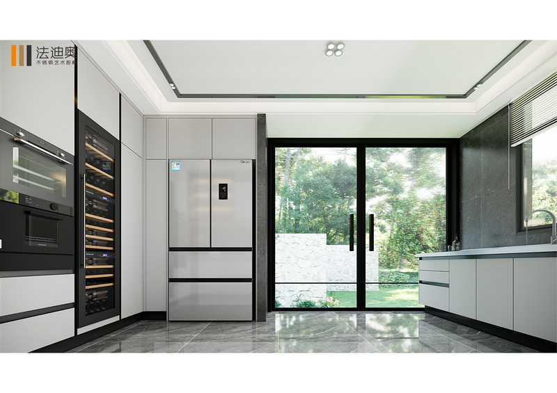 Elegant And Modern U-Shaped Stainless Stee Kitchen Cabinet with Integrated Wine Cooler