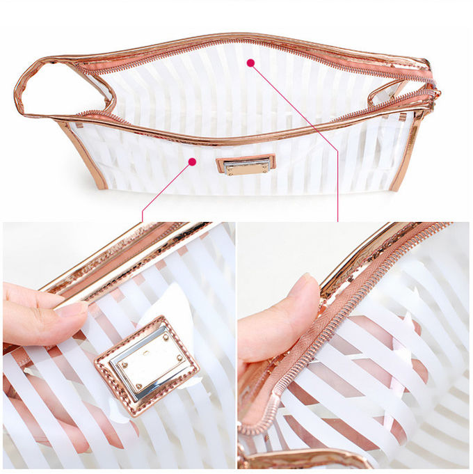 Transparent Pink Strip Pattern PVC Waterproof Makeup Cosmetic Storage Bag