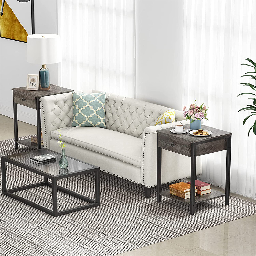 Customized Metal Frame Farmhouse Style Nightstands Gray Wood