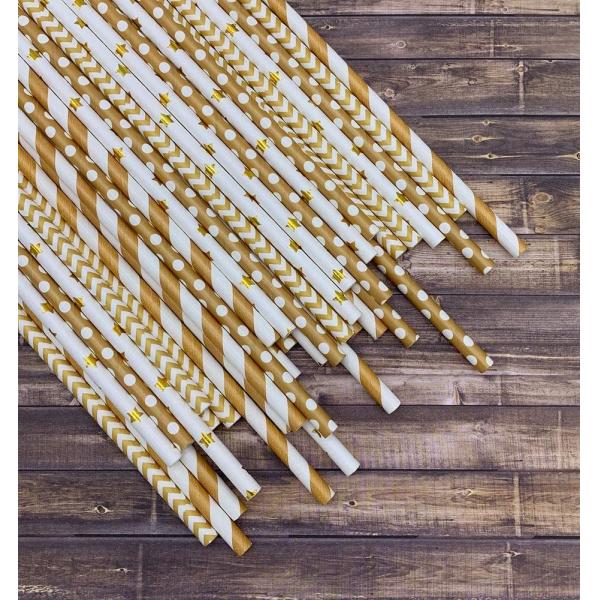 No Plastic Party Drinking Bendable Gold Striped Paper Straws