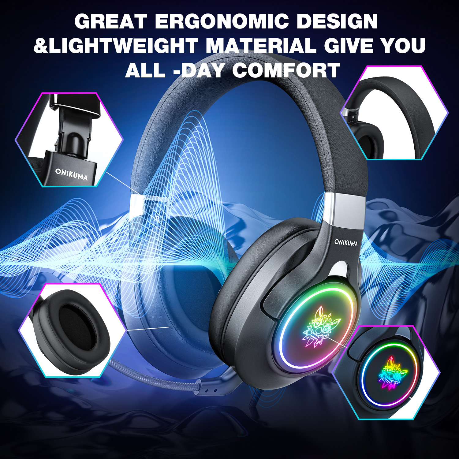 Ergonomic Inline Controller PC Gaming Headset Onkuma K15 Pro DC5V