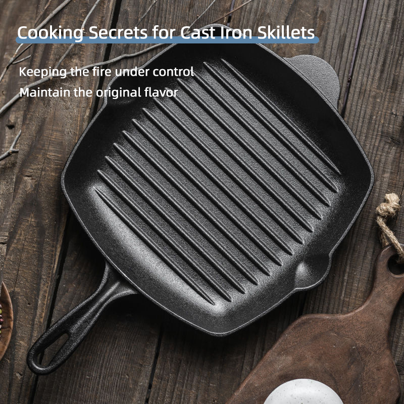 Kitchen Cooking Grill Steak Non Stick Cast Iron With Wooden Handle