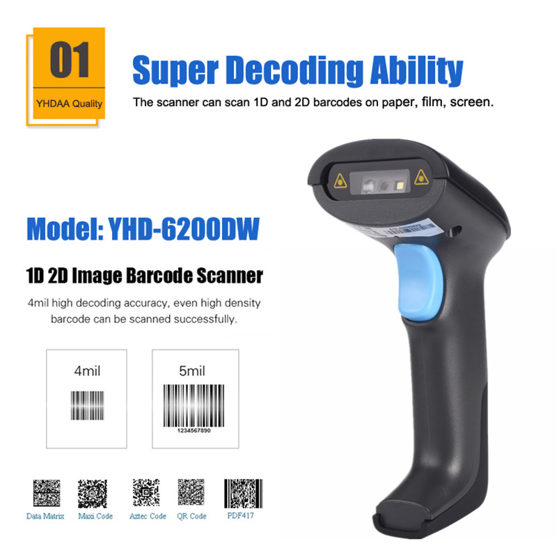 Wireless 2.4G USB 2D Barcode Scanner Ergonomic design YHD-6200DW