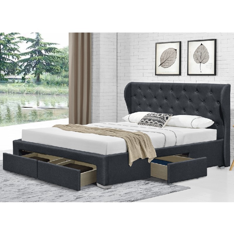 Plywood Linen Fabric Winged Ottoman Storage Bed Double Size