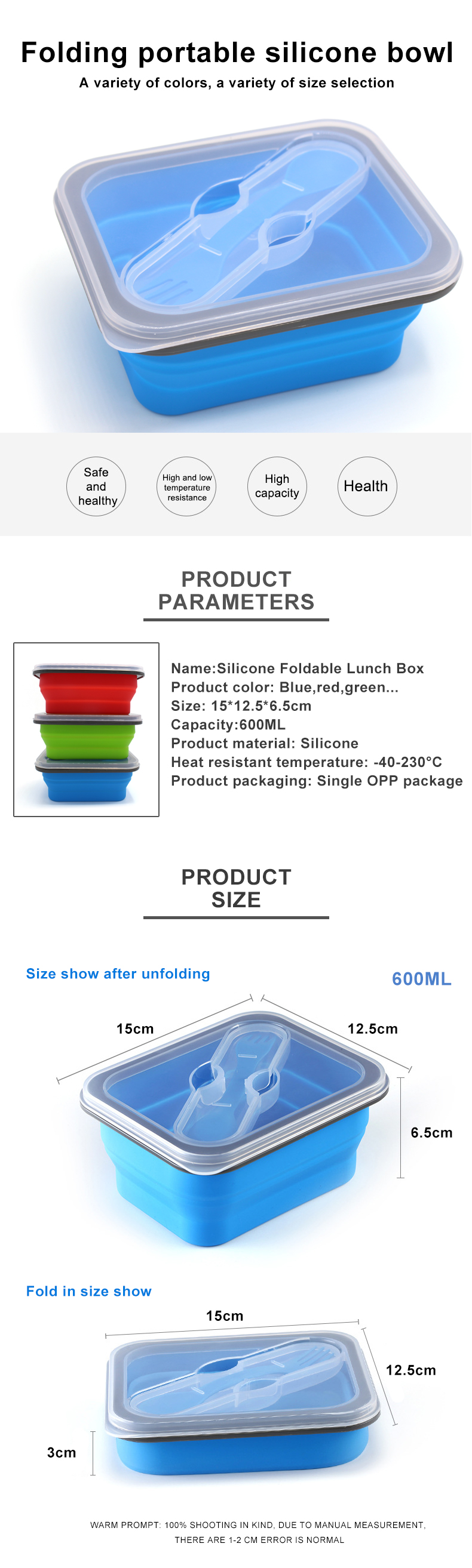 600ml Foldable Silicone Food Container Microwavable For Camping