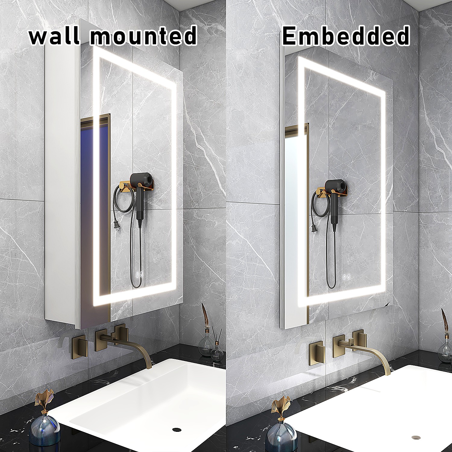 Rectangle LED Light Bathroom Wall Mirror Cabinet With Barbershop Design