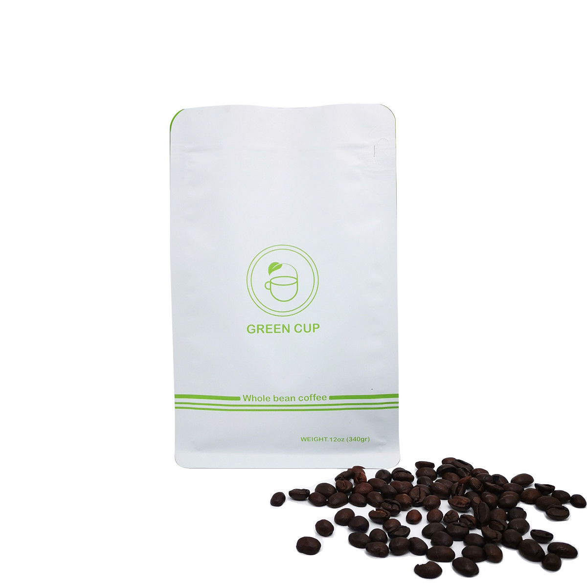 Custom Printed 340 Grams 12oz Matte White Flat Bottom Coffee Bag With Valve Front Tear Off Ziplock