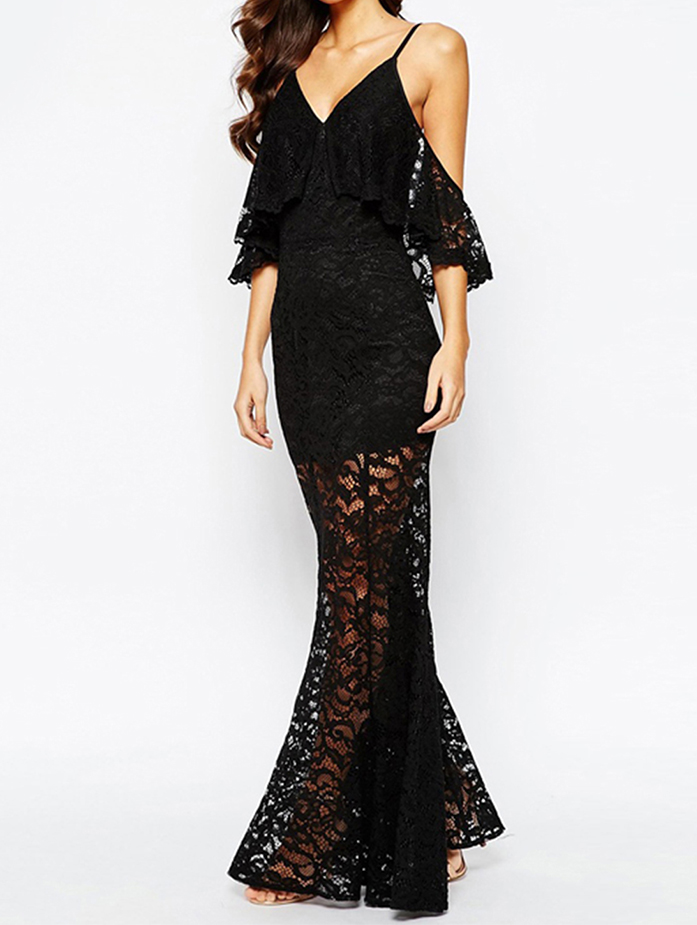 Elegant Black Sexy Long Lace Maxi Evening Dresses