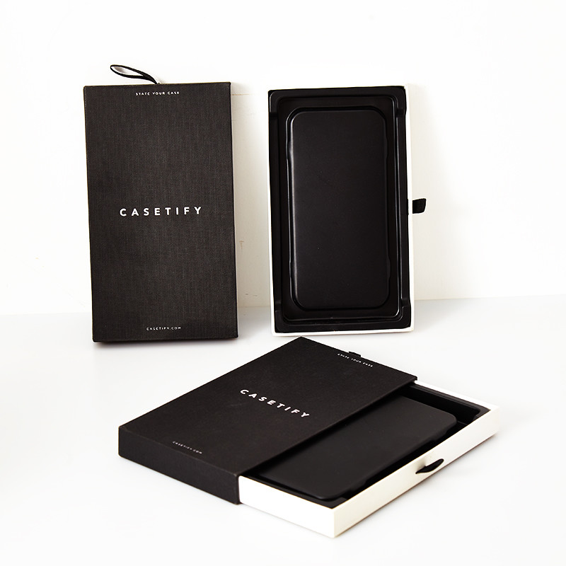 Luxury Drawer Box With Ribbon Handle Custom Logo Rigid Mobile Phone Case Packaging Box