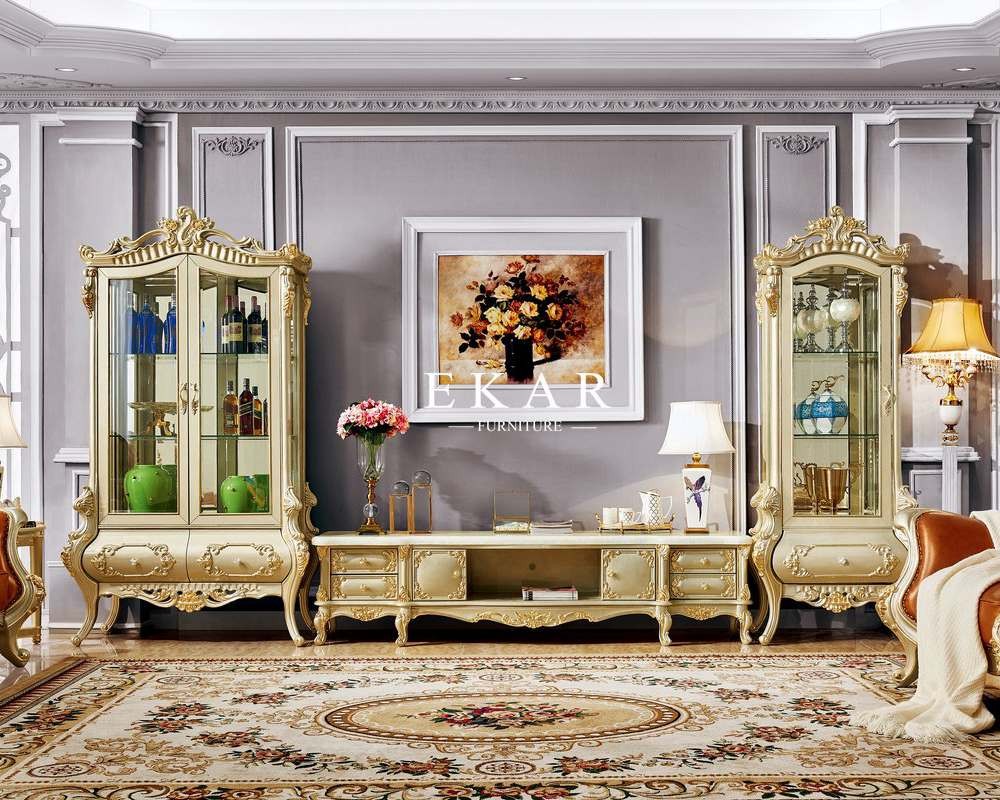 Antique Luxury Marble Top Wooden Tv Stand Cabinet With Drawer