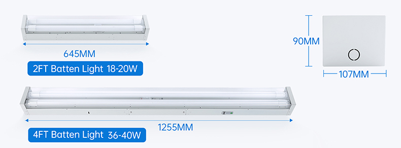 This image presents the appearance and dimensions of the COMLED T8 Tube integrated LED Batten luminaires in three standard models: 2FT,and 4FT.