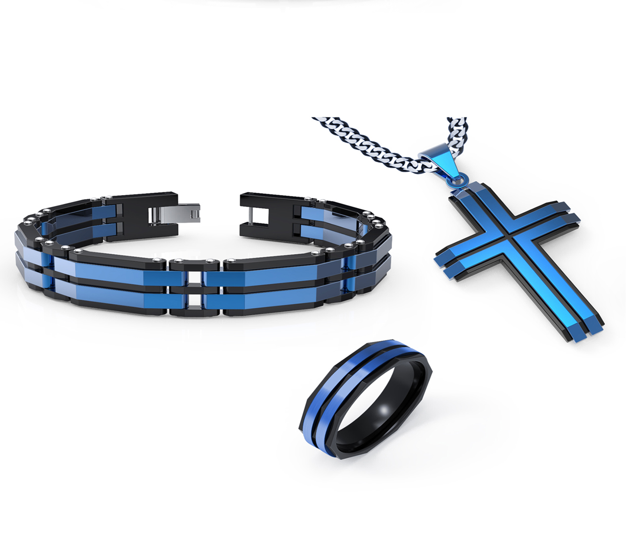 Luxury Stainless Steel Jewelry Set For Men Religion Cross Necklace Bracelet Ring Set