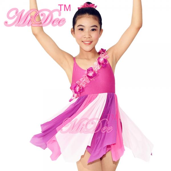 Quality Three Tier Color Modern Dance Costumes / Lyrical Dance Wear Floral Band Across Bodice for sale