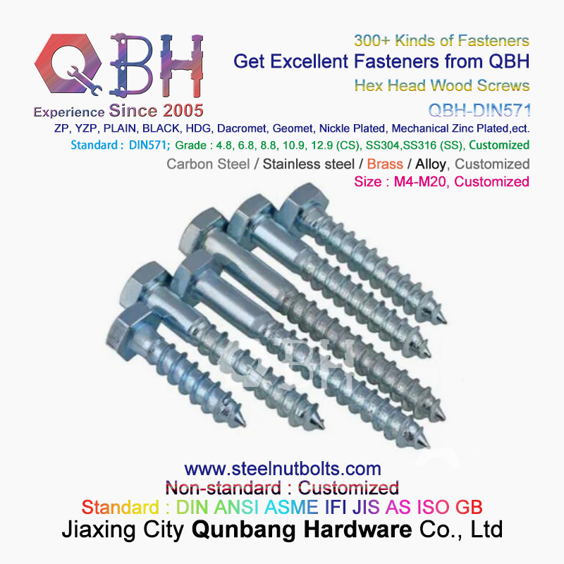 QBH DIN571 M4-M20 Black Hot DIP Galvanizing Plain Carbon Steel Hexagon Head Wood Screws