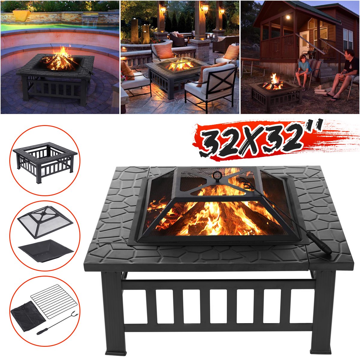 Outdoor Heating Square Fire Pit 32 Inch for Patio Backyard Garden High Satisfaction