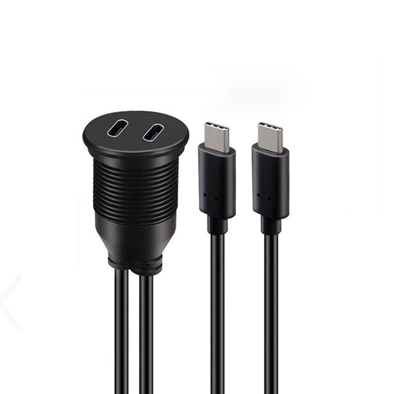 Customize Dual Type C Male to Female Waterproof Extension Cable With Flush Mount Panel For Car Truck Boat Motorcycle Computer