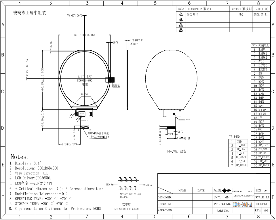 3.4'' 800x800 IPS TFT LCD Circular Instrument Screen Round Video HDMI Input Board