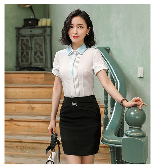 Short Sleeve Ladies Office Dresses / Summer Elegant Waist Tie Round Collar Women Business Dress