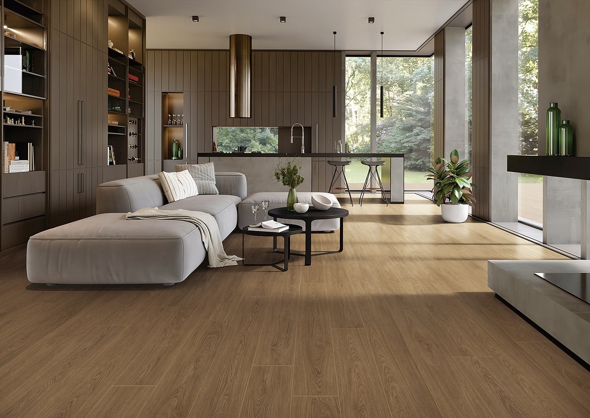Durable Wooden Porcelain Strips 200x1200mm For Building Decoration Brown Floor Strip