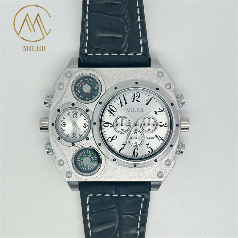 Men Quartz Dual Time Big Face Compass Watch Leather Strap Watch