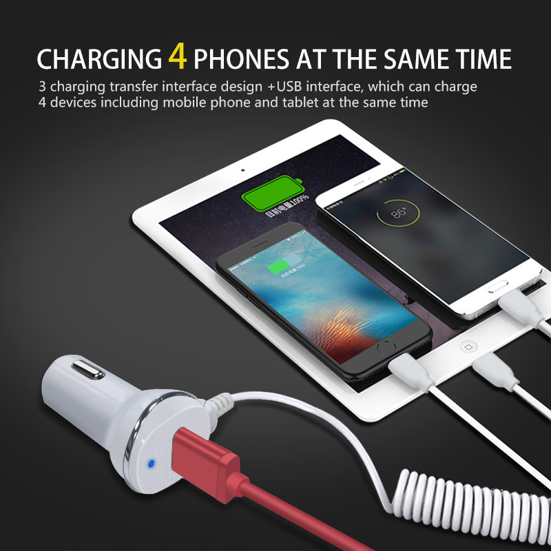 4 USB PORT CAR CHARGER USB+TYPE-C+LIGHTING PORT WITH SPRING CABLE