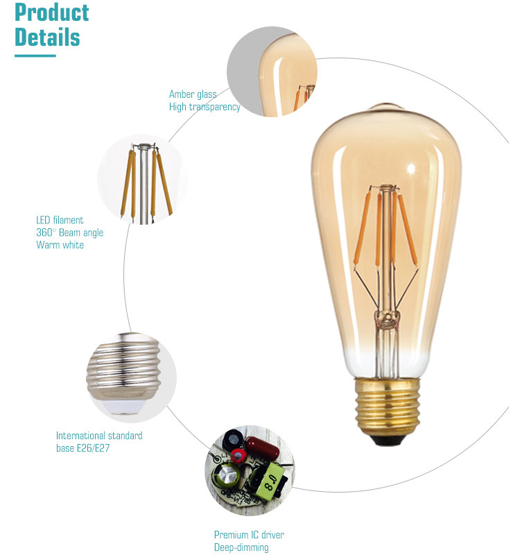 540lm 6W ST64 Vintage Amber Light Bulbs Indoor 2700k LED Edison Bulb