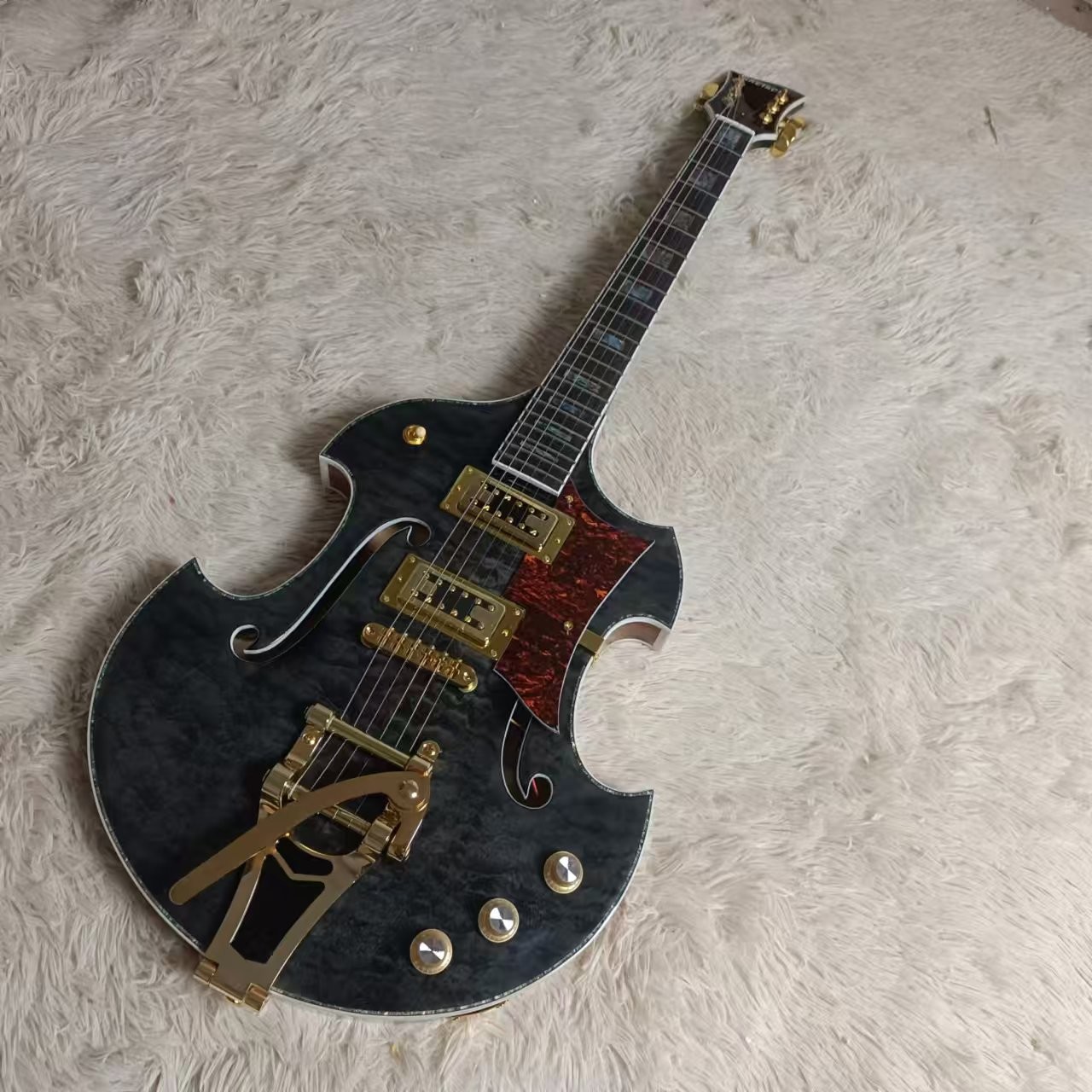 Custom f hole hollow body irregular body Gretsch style electric guitar with bigs bys trem in transparent black, accept guitar and bass OEM