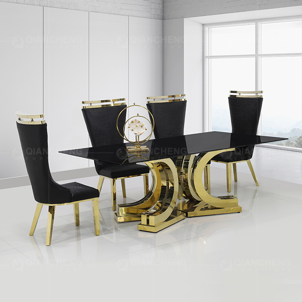High Gloss 0.45CBM SS Dining Tables Set X Shape Mirror Metal Base