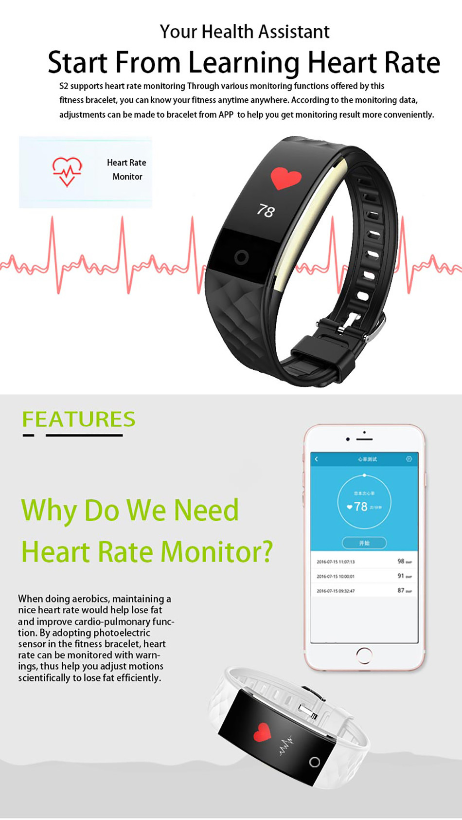 OEM Smart Heart Rate Bracelet Adult BT4.0 BLE Heart Rate Smart Wristband