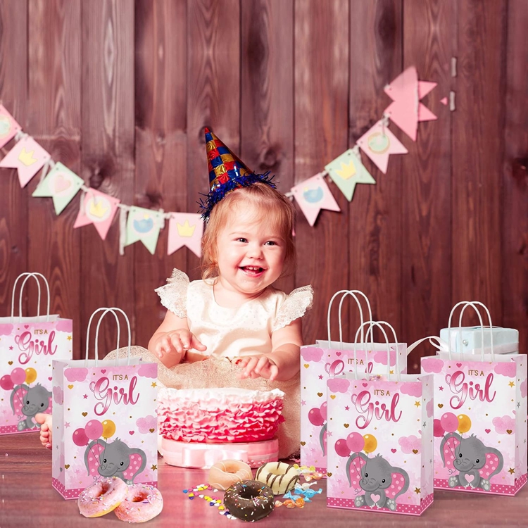 Custom Colorful Cartoon Animal Child Toy Pink Girl Kraft Paper Bag for Baby Shower