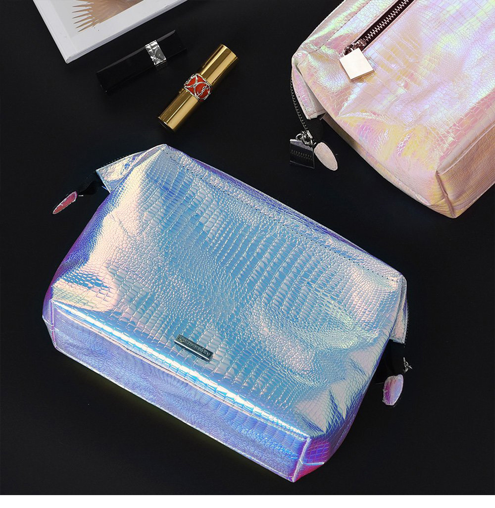 Portable Zippered PU Leather Holographic Cosmetic Bag