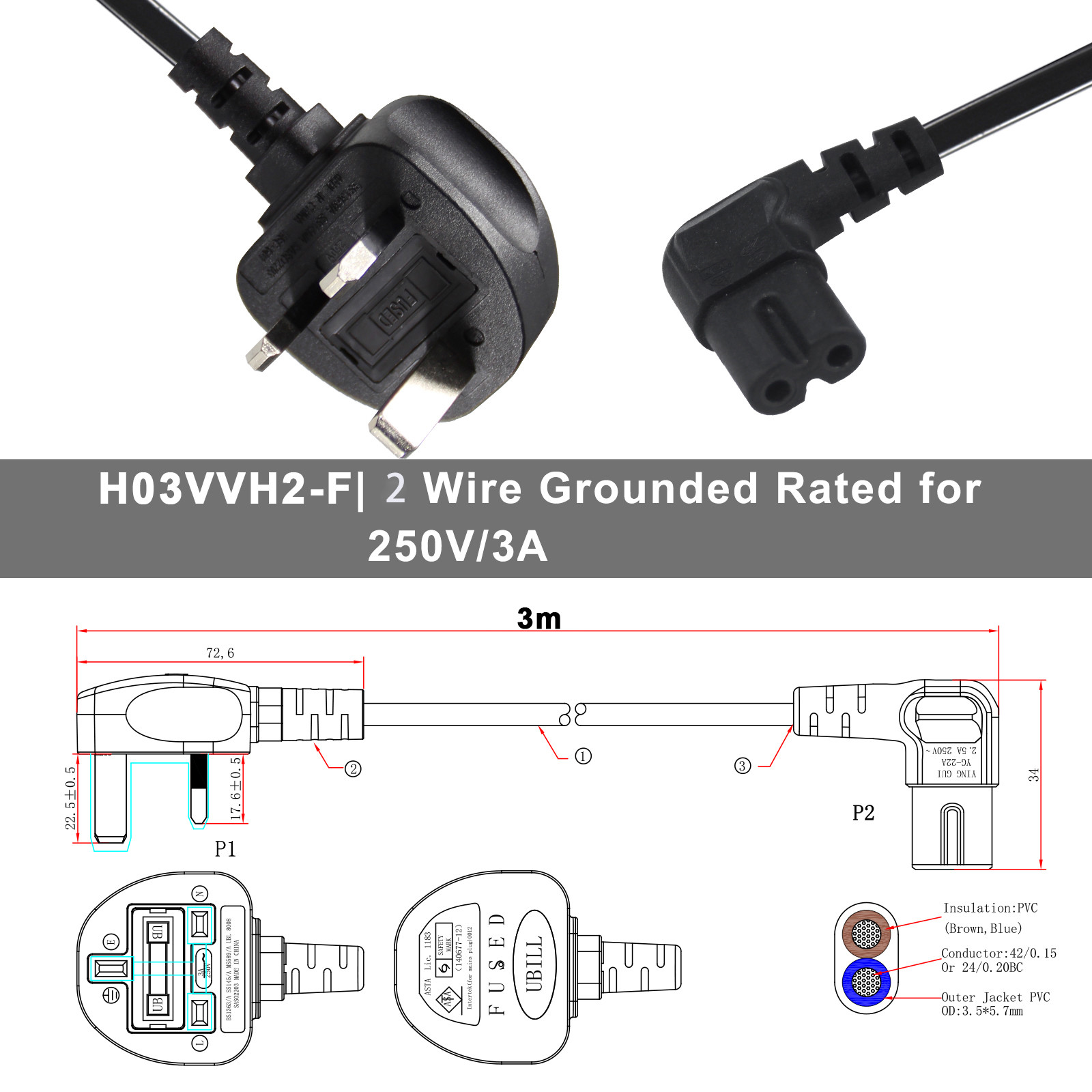 Pure Copper Conductor 90 Degrees White Figure 8 IEC IEC320 Connector UK BS Standard C7 AC Power Cord for Consumer Electronics
