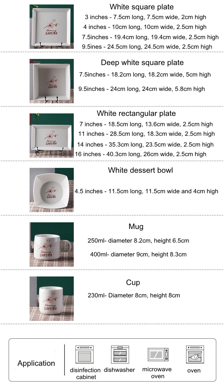 Japanese Cherry Blossom White Round Rectangle Square Baking Dessert Bowl Restaurant Ceramic Dinner Plate And Mug