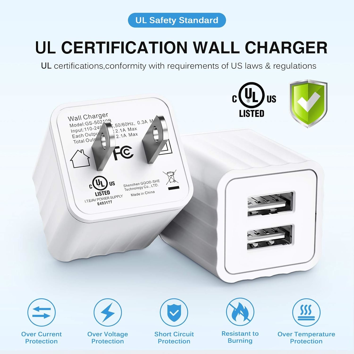 Dual Port 5v Wall Charger 10.5W Mobile Phone Battery Charger Fireproof