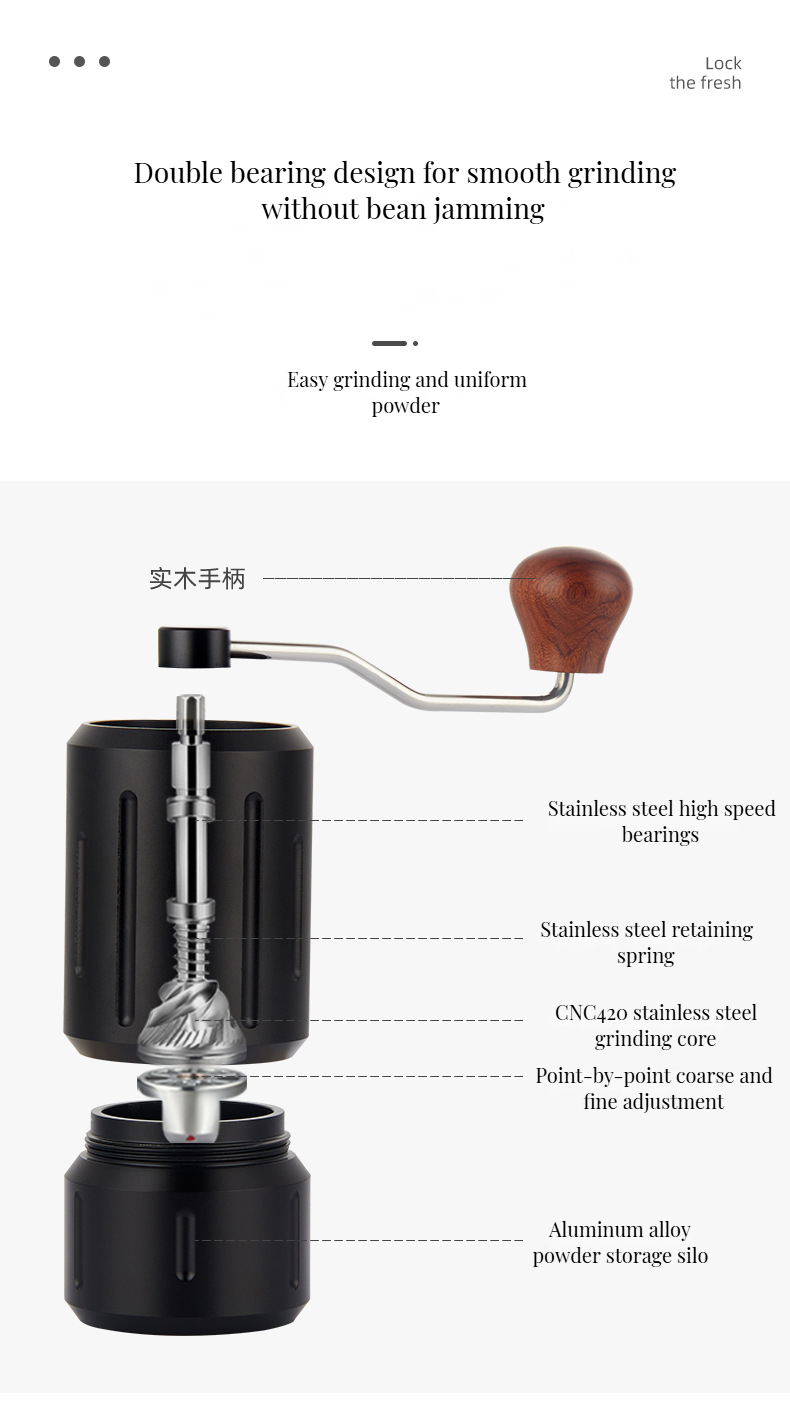 STAINLESS STEEL Portable Coffee Grinder for Modern Style Metal Utensils and Wood Mill