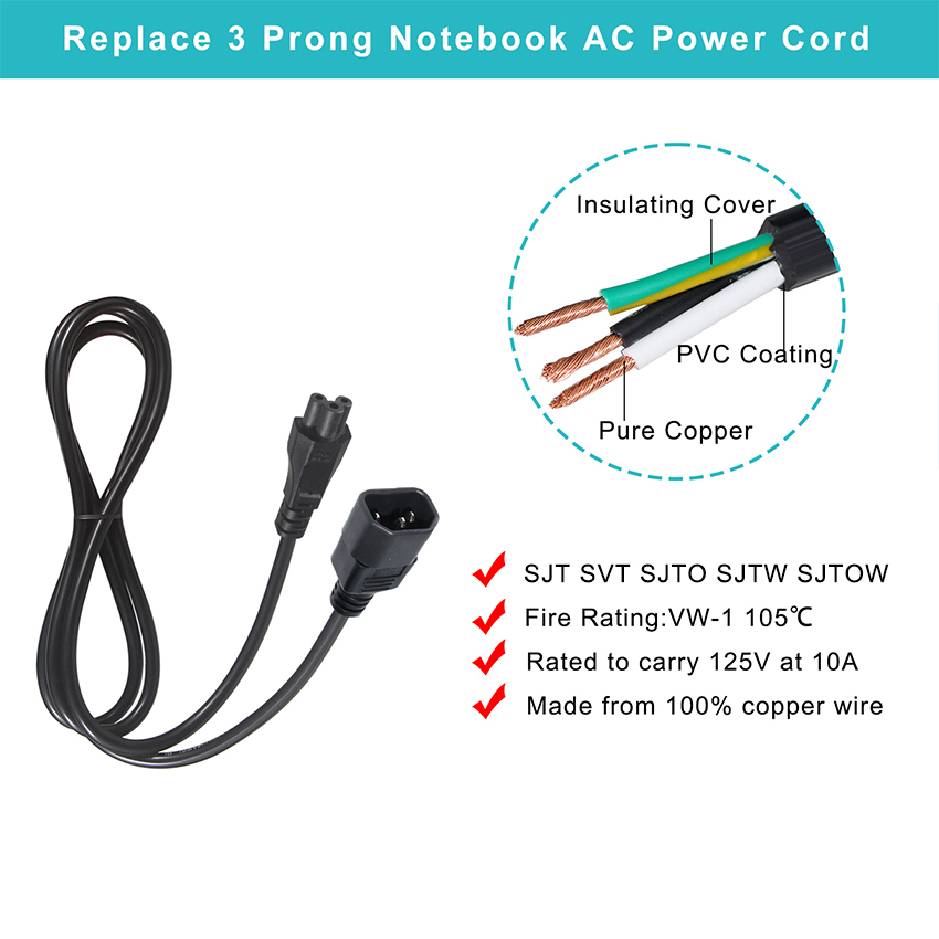 1Ft C14 Conductor Universal Laptop Power Cable with IEC C5 Female End Extension Cord