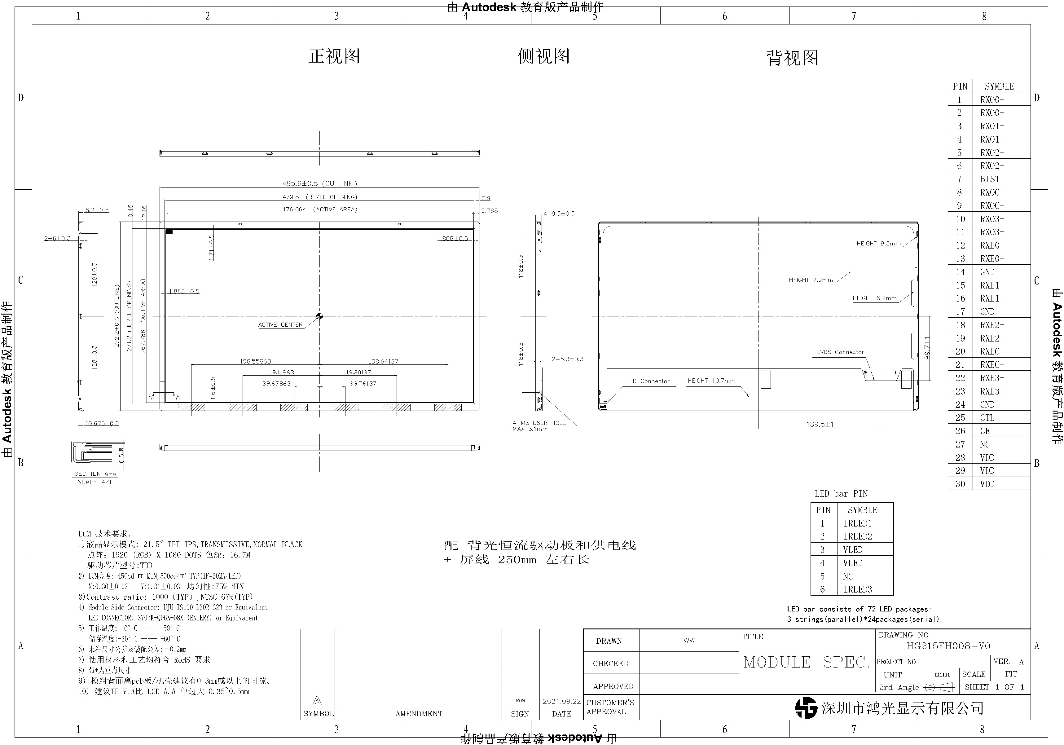 30PIN Interface LCD TFT 1920x1080 Display 21.5 Inch LVDS Channel