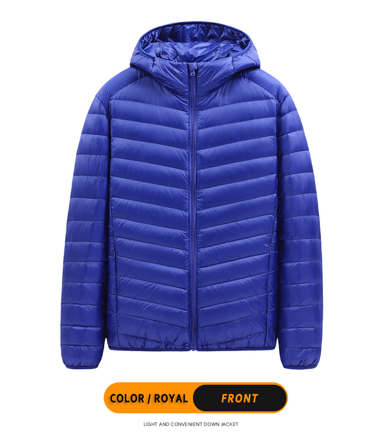 New men's white duck down anti-drilling velvet lightweight hooded casual warm winter down coat or jacket with storage bag