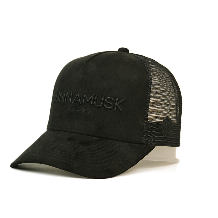 Black 5 Panel Suede Trucker Hats With Curved Brim Embroidery Logo