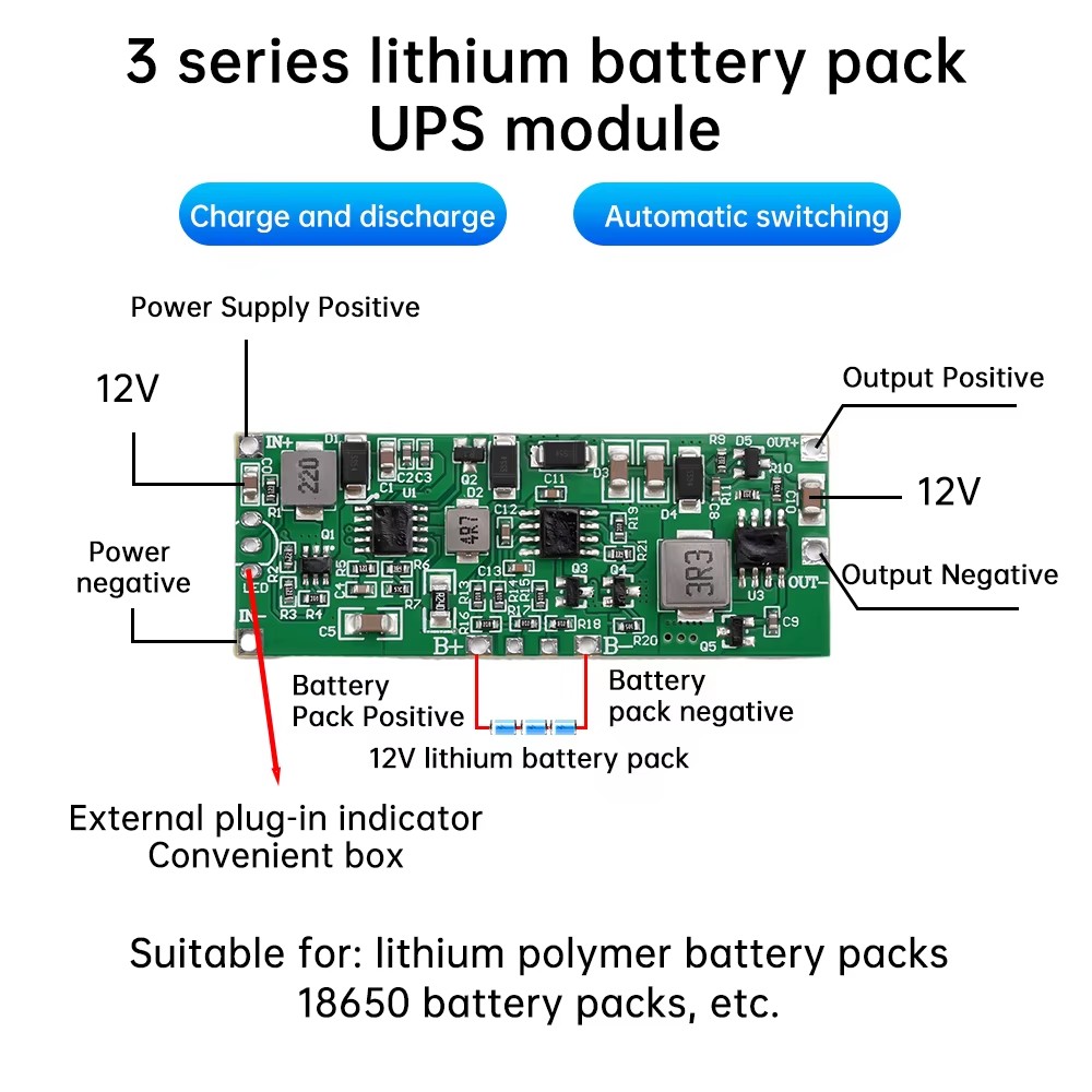 12V 3A 24W 36W Uninterruptible Power Supply UPS Charging Discharging Router Network Lithium Battery Protection Board PCB Base